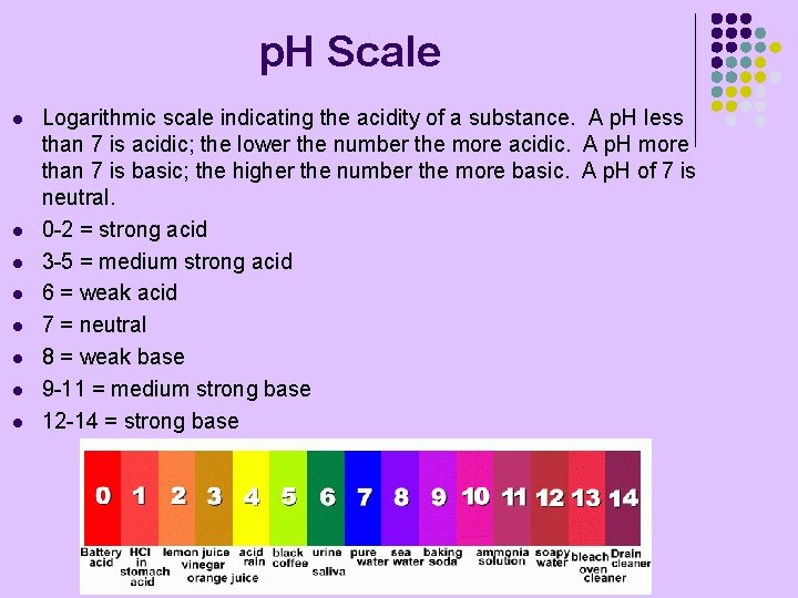 p. H Scale l l l l Logarithmic scale indicating the acidity of a