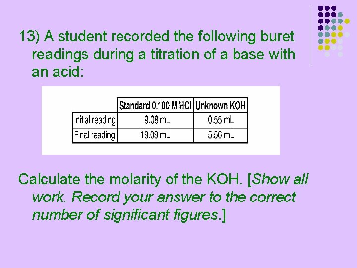 13) A student recorded the following buret readings during a titration of a base