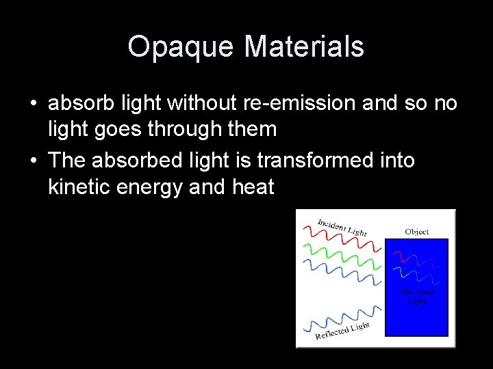 Opaque Materials • absorb light without re-emission and so no light goes through them