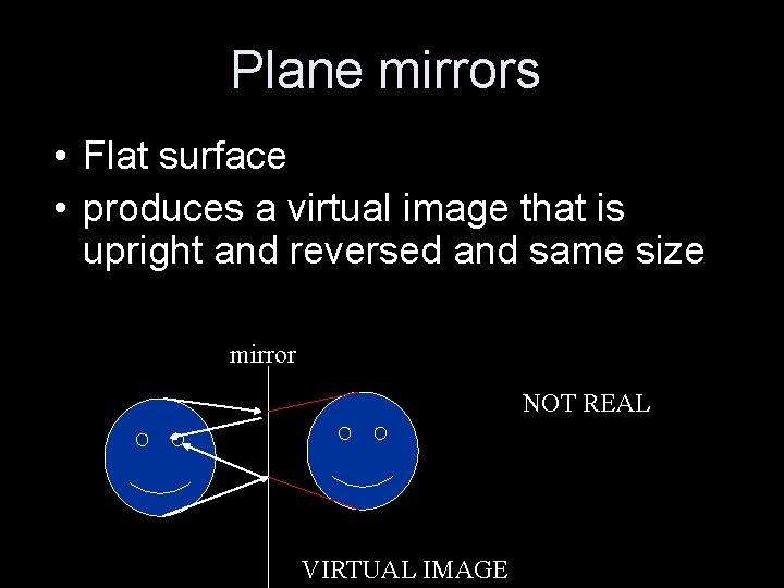 Plane mirrors • Flat surface • produces a virtual image that is upright and