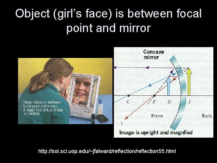 Object (girl’s face) is between focal point and mirror http: //sol. sci. uop. edu/~jfalward/reflection