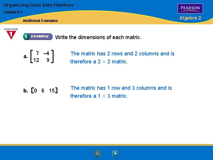 Organizing Data Into Matrices Lesson 4 -1 Algebra 2 Additional Examples Write the dimensions Organizing Data Into Matrices Lesson 4 -1 Algebra 2 Additional Examples Write the dimensions