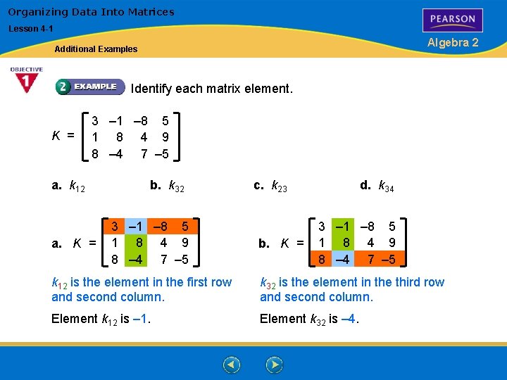 Organizing Data Into Matrices Lesson 4 -1 Algebra 2 Additional Examples Identify each matrix Organizing Data Into Matrices Lesson 4 -1 Algebra 2 Additional Examples Identify each matrix