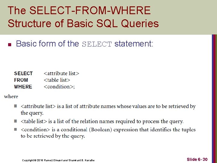 The SELECT-FROM-WHERE Structure of Basic SQL Queries n Basic form of the SELECT statement: The SELECT-FROM-WHERE Structure of Basic SQL Queries n Basic form of the SELECT statement: