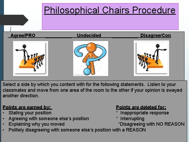 Philosophical Chairs Procedure Agree/PRO _____ Undecided _____ Disagree/Con Select a side by which you