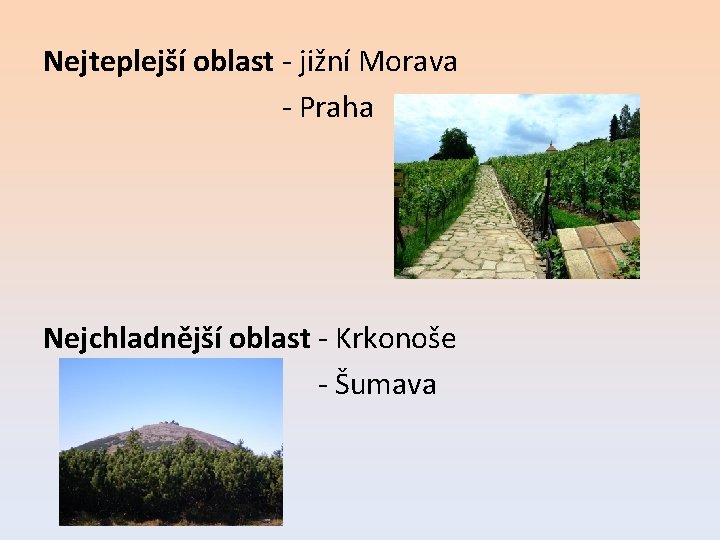 Nejteplejší oblast - jižní Morava - Praha Nejchladnější oblast - Krkonoše - Šumava 