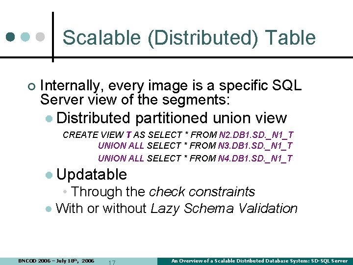 Scalable (Distributed) Table ¢ Internally, every image is a specific SQL Server view of Scalable (Distributed) Table ¢ Internally, every image is a specific SQL Server view of