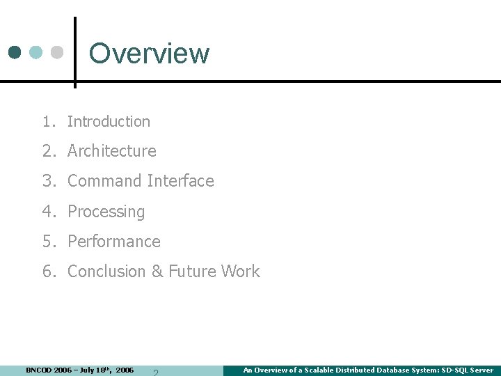 Overview 1. Introduction 2. Architecture 3. Command Interface 4. Processing 5. Performance 6. Conclusion Overview 1. Introduction 2. Architecture 3. Command Interface 4. Processing 5. Performance 6. Conclusion
