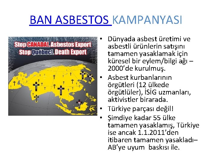 BAN ASBESTOS KAMPANYASI • Dünyada asbest üretimi ve asbestli ürünlerin satışını tamamen yasaklamak için