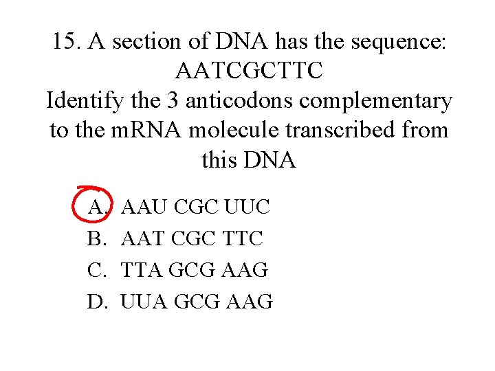 15. A section of DNA has the sequence: AATCGCTTC Identify the 3 anticodons complementary