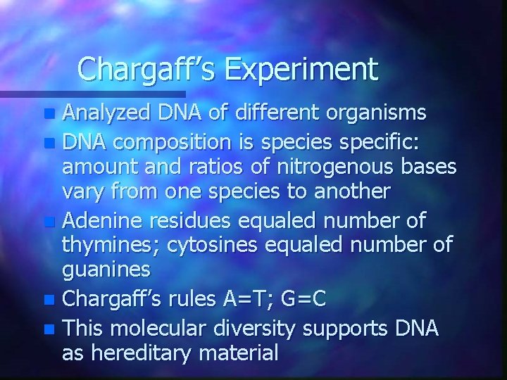 Chargaff’s Experiment Analyzed DNA of different organisms n DNA composition is species specific: amount Chargaff’s Experiment Analyzed DNA of different organisms n DNA composition is species specific: amount