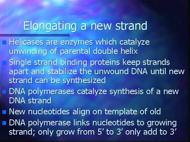 Elongating a new strand Helicases are enzymes which catalyze unwinding of parental double helix Elongating a new strand Helicases are enzymes which catalyze unwinding of parental double helix