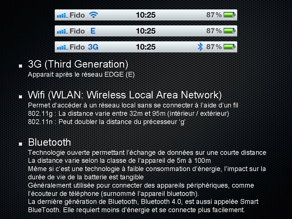3 G (Third Generation) Apparait après le réseau EDGE (E) Wifi (WLAN: Wireless Local