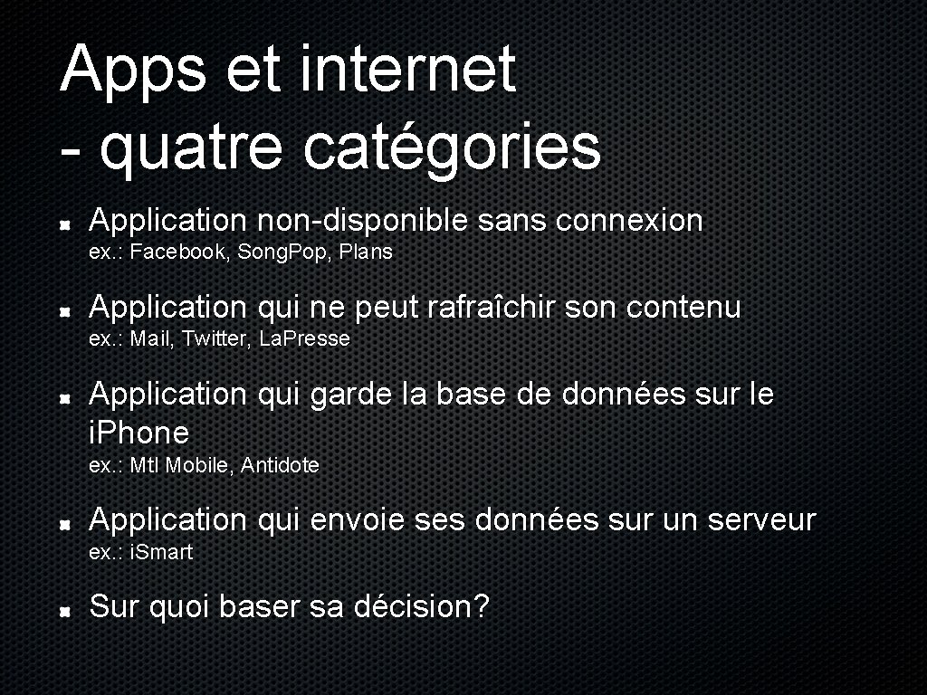 Apps et internet - quatre catégories Application non-disponible sans connexion ex. : Facebook, Song.