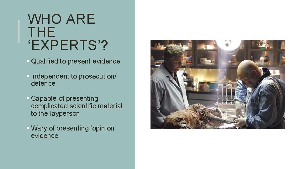 WHO ARE THE ‘EXPERTS’? § Qualified to present evidence § Independent to prosecution/ defence
