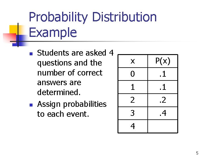 Probability Distribution Example n n Students are asked 4 questions and the number of Probability Distribution Example n n Students are asked 4 questions and the number of