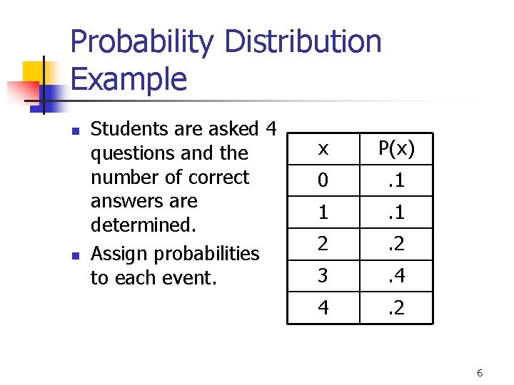 Probability Distribution Example n n Students are asked 4 questions and the number of Probability Distribution Example n n Students are asked 4 questions and the number of