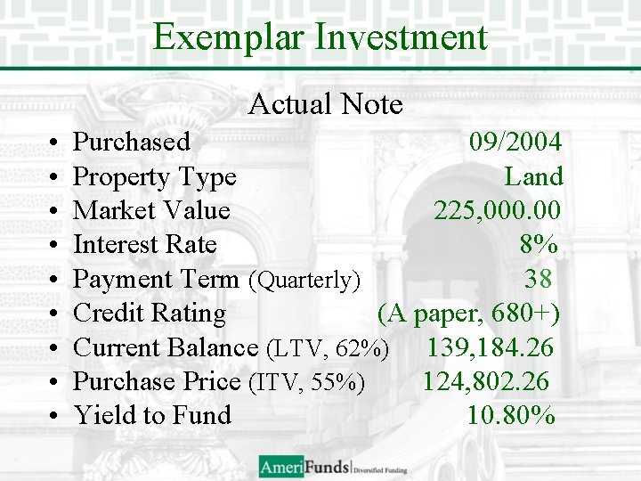 Exemplar Investment Actual Note • • • Purchased 09/2004 Property Type Land Market Value