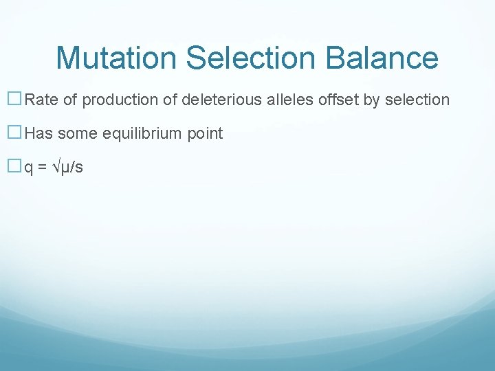 Mutation Selection Balance �Rate of production of deleterious alleles offset by selection �Has some