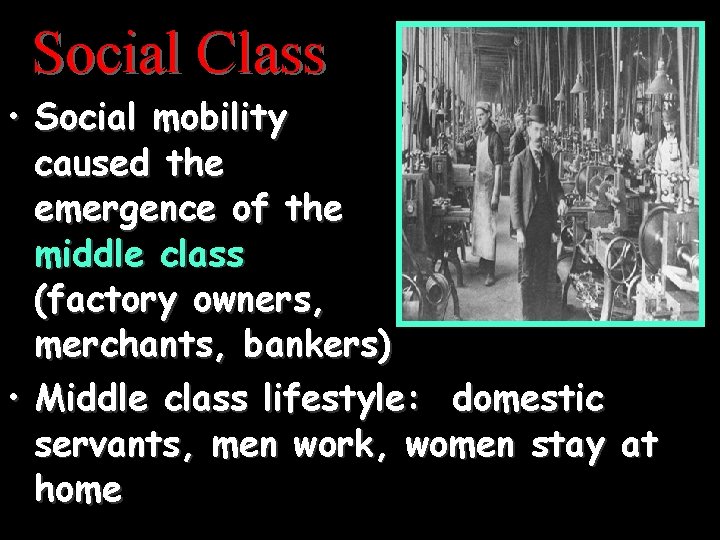 Social Class • Social mobility caused the emergence of the middle class (factory owners,