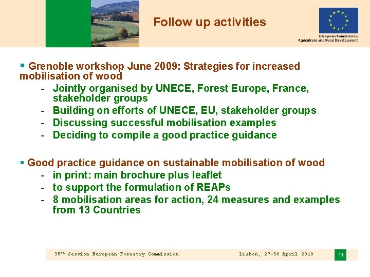 Follow up activities § Grenoble workshop June 2009: Strategies for increased mobilisation of wood