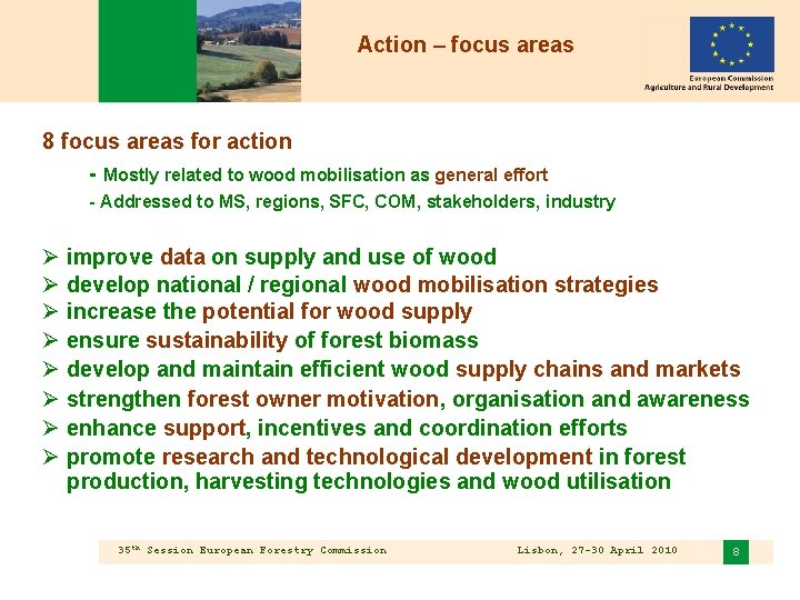 Action – focus areas 8 focus areas for action - Mostly related to wood