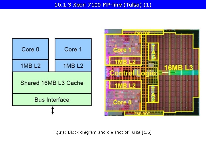 10. 1. 3 Xeon 7100 MP-line (Tulsa) (1) Figure: Block diagram and die shot