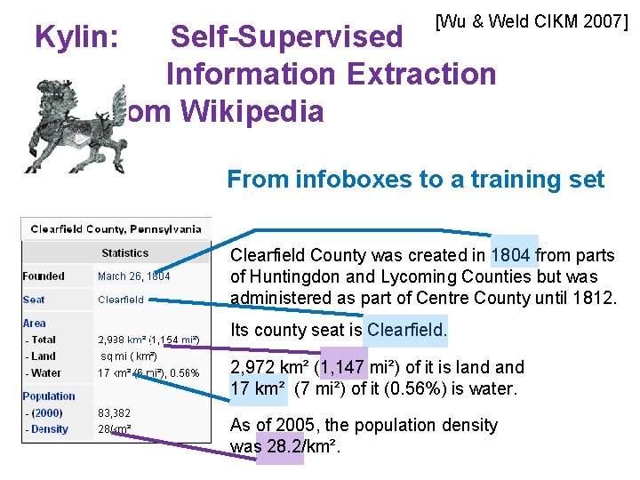 Kylin: [Wu & Weld CIKM 2007] Self-Supervised Information Extraction from Wikipedia From infoboxes to