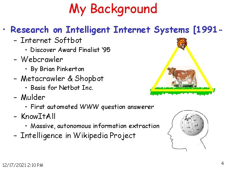 My Background • Research on Intelligent Internet Systems [1991– Internet Softbot • Discover Award