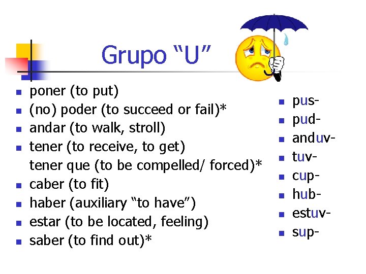 Grupo “U” n n n n poner (to put) (no) poder (to succeed or