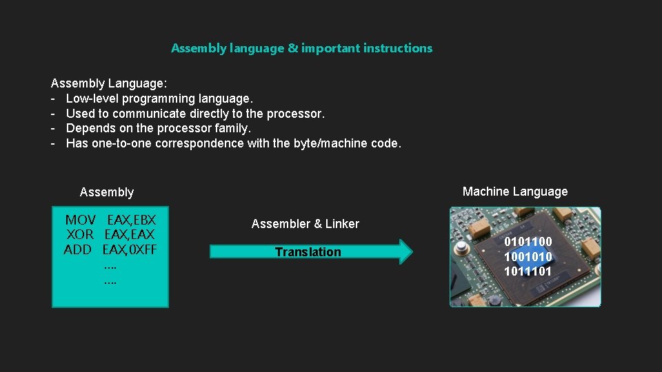 Assembly language & important instructions Assembly Language: - Low-level programming language. - Used to Assembly language & important instructions Assembly Language: - Low-level programming language. - Used to