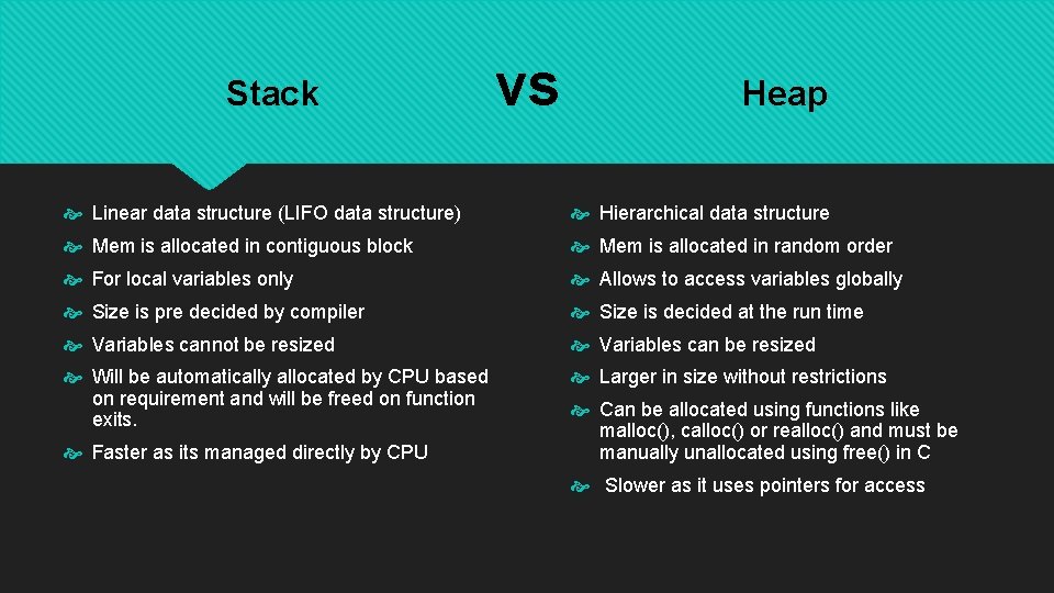 Stack vs Heap Linear data structure (LIFO data structure) Hierarchical data structure Mem is Stack vs Heap Linear data structure (LIFO data structure) Hierarchical data structure Mem is