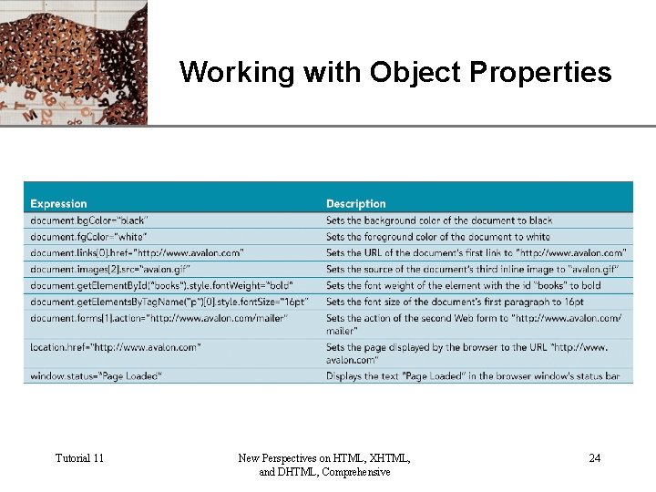 XP Working with Object Properties Tutorial 11 New Perspectives on HTML, XHTML, and DHTML,