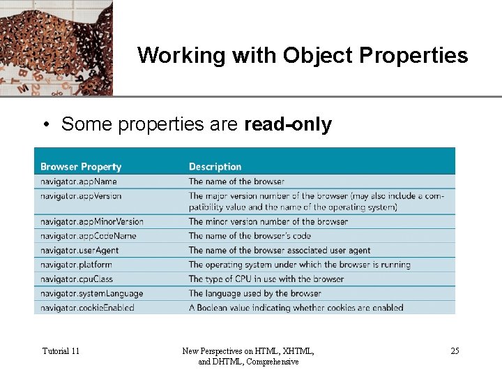 XP Working with Object Properties • Some properties are read-only Tutorial 11 New Perspectives