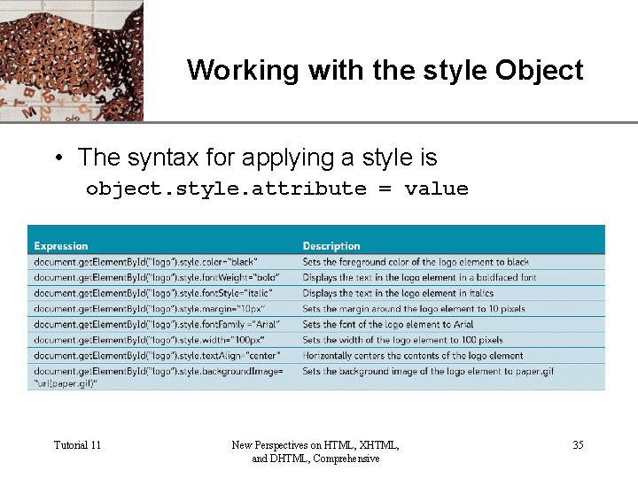 XP Working with the style Object • The syntax for applying a style is