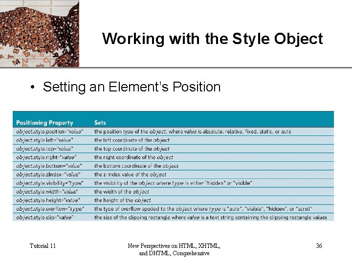 XP Working with the Style Object • Setting an Element’s Position Tutorial 11 New