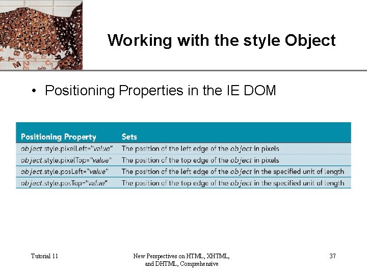 XP Working with the style Object • Positioning Properties in the IE DOM Tutorial
