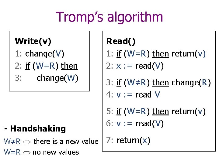 Tromp’s algorithm Write(v) 1: change(V) 2: if (W=R) then 3: change(W) - Handshaking W≠R