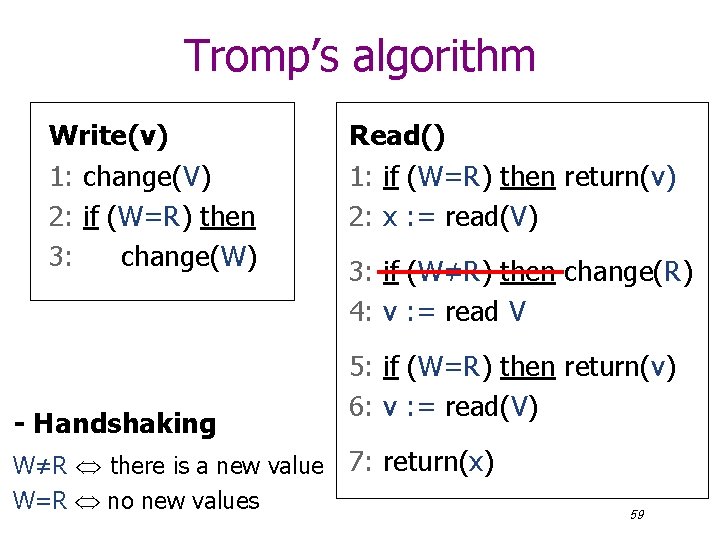 Tromp’s algorithm Write(v) 1: change(V) 2: if (W=R) then 3: change(W) - Handshaking W≠R