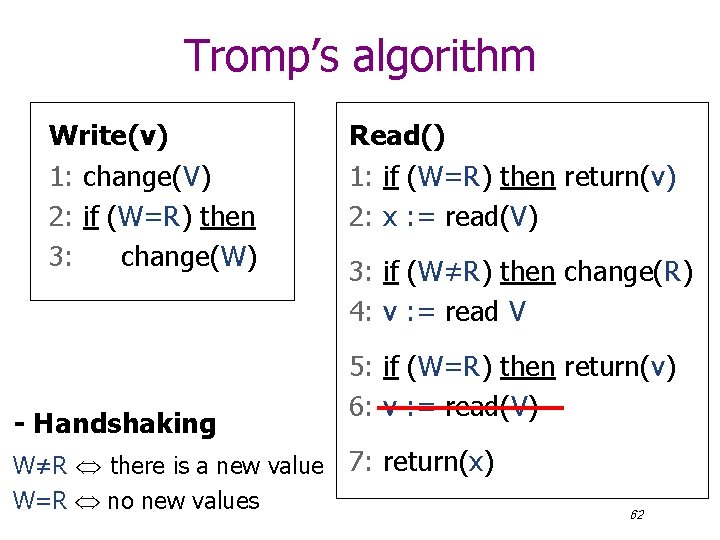 Tromp’s algorithm Write(v) 1: change(V) 2: if (W=R) then 3: change(W) - Handshaking W≠R