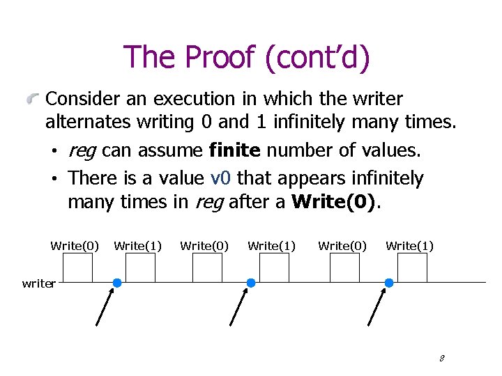 The Proof (cont’d) Consider an execution in which the writer alternates writing 0 and