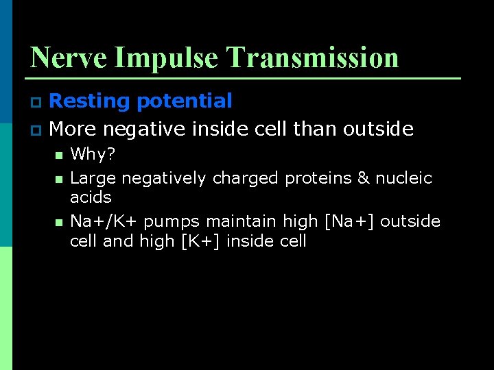 Nerve Impulse Transmission Resting potential p More negative inside cell than outside p n