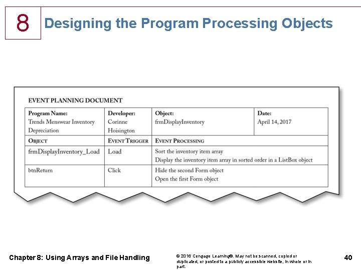 8 Designing the Program Processing Objects Chapter 8: Using Arrays and File Handling © 8 Designing the Program Processing Objects Chapter 8: Using Arrays and File Handling ©