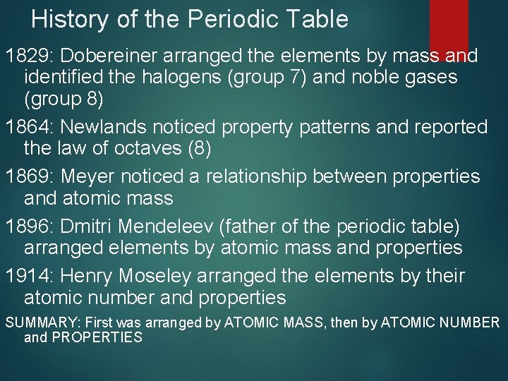 History of the Periodic Table 1829: Dobereiner arranged the elements by mass and identified