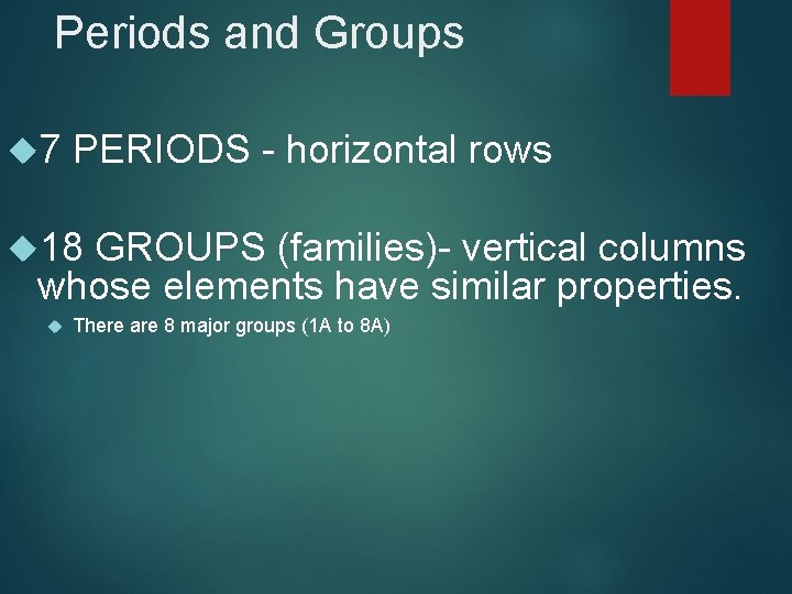 Periods and Groups 7 PERIODS - horizontal rows 18 GROUPS (families)- vertical columns whose