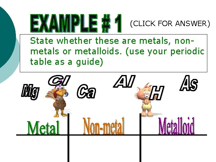 (CLICK FOR ANSWER) State whether these are metals, nonmetals or metalloids. (use your periodic