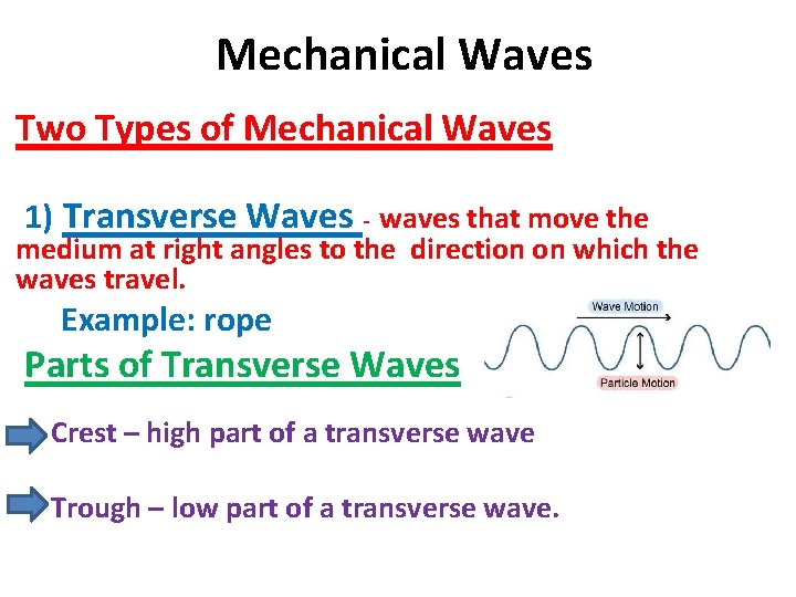 Mechanical Waves Two Types of Mechanical Waves 1) Transverse Waves - waves that move