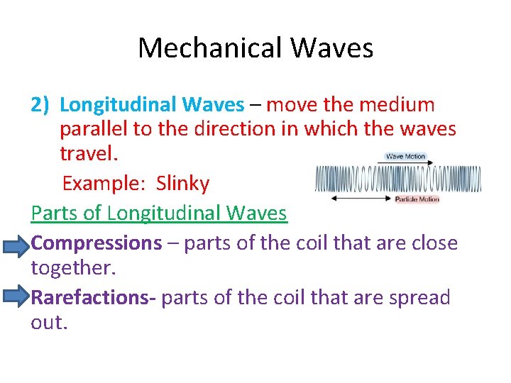 Mechanical Waves 2) Longitudinal Waves – move the medium parallel to the direction in