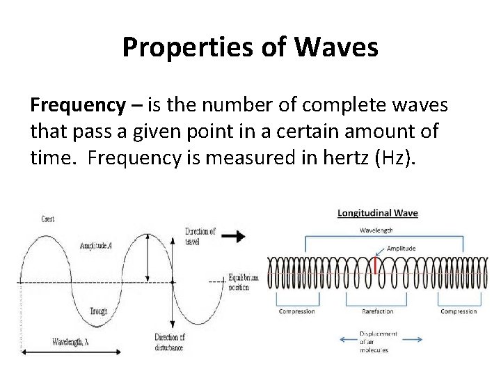 Properties of Waves Frequency – is the number of complete waves that pass a