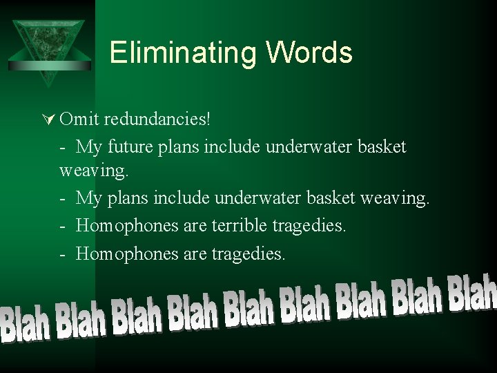 Eliminating Words Ú Omit redundancies! - My future plans include underwater basket weaving. -